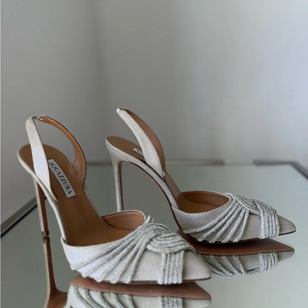 New AQUAZZURA Gatsby 105 crystal-embellished metallic canvas slingback pumps - Picture 11 of 13